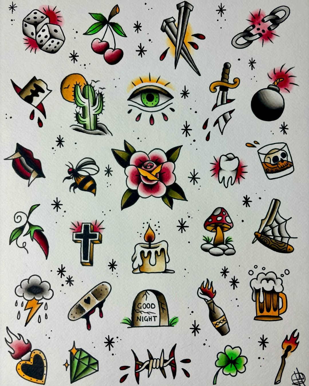 Foglio disegni flash tattoo icone tradizionali piccole Acca Elena Ink Foligno