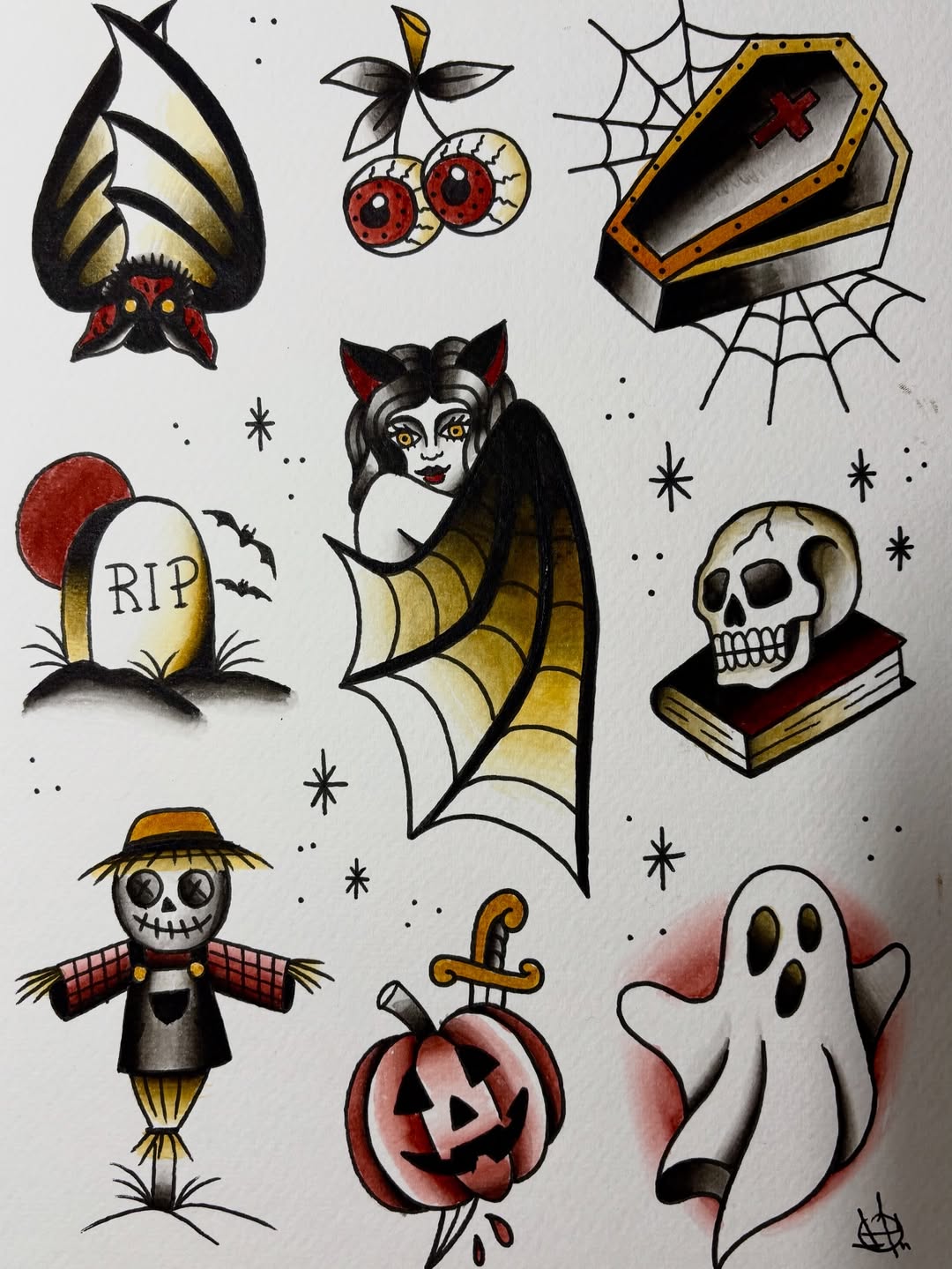 Disegni flash tattoo tema Halloween teschio fantasma e pipistrello Foligno